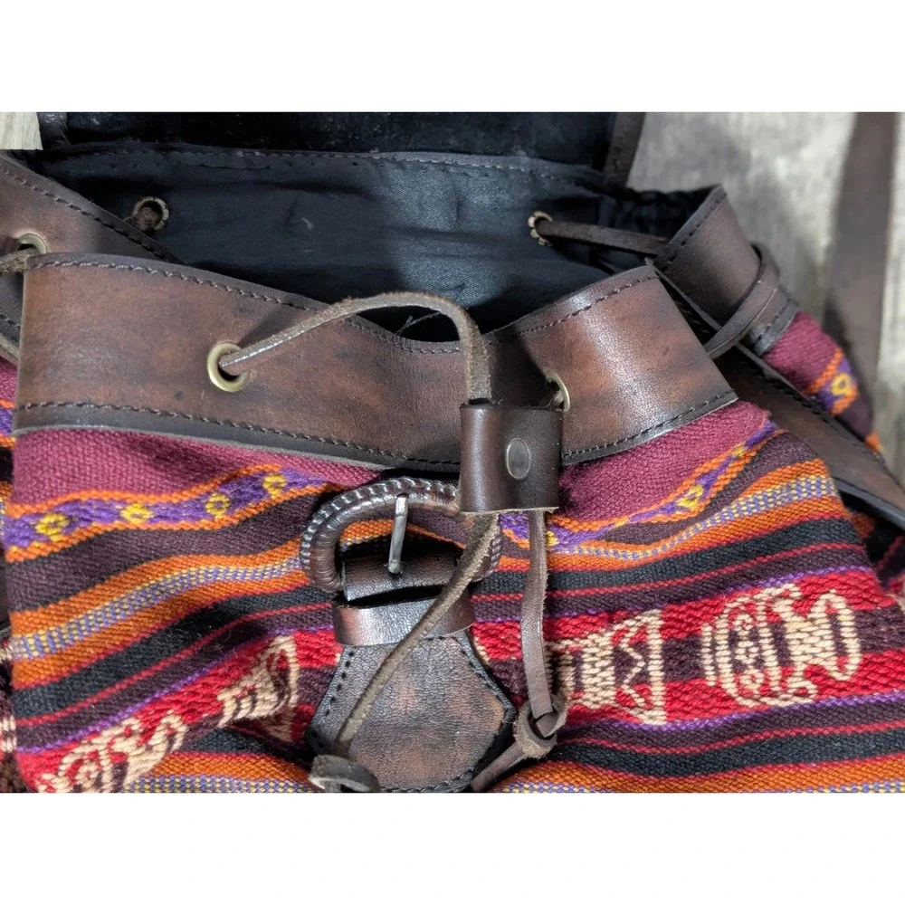 Handcrafted Tooled Leather‎ Bohemian Backpack Aztec Burgundy Brown